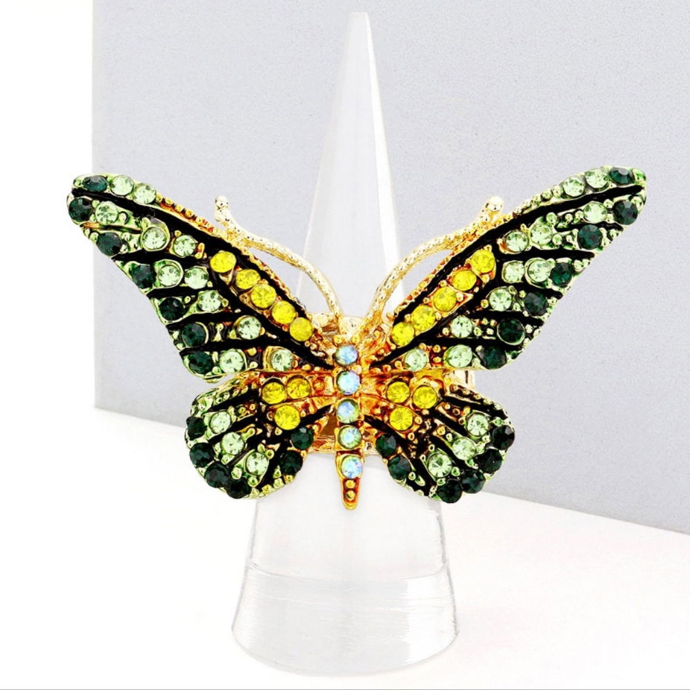 Green Yellow Butterfly Ring Rhinestones Crystal Cute Finger Statement Accessory